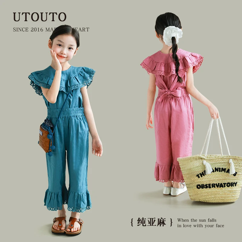 utouto大耳象女童大翻领无袖小衫蕾丝大花边长裤2025夏季2403851