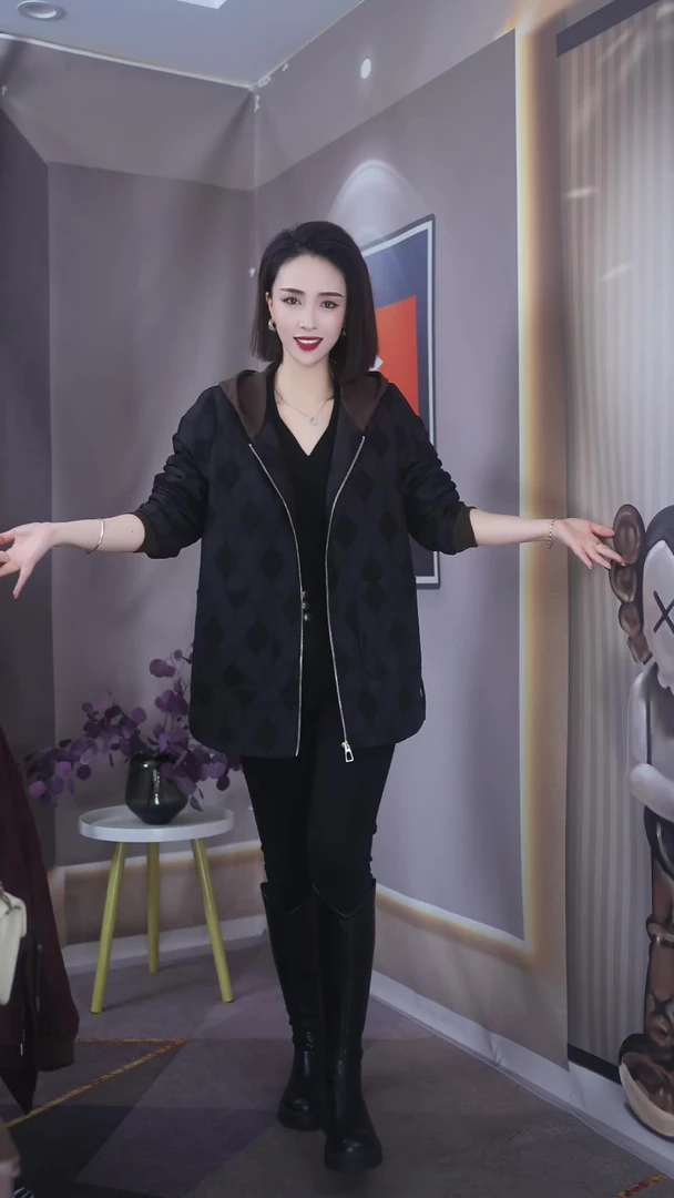 【上新定制】H.G363#女士新款减龄百搭加绒加厚黑色外套
