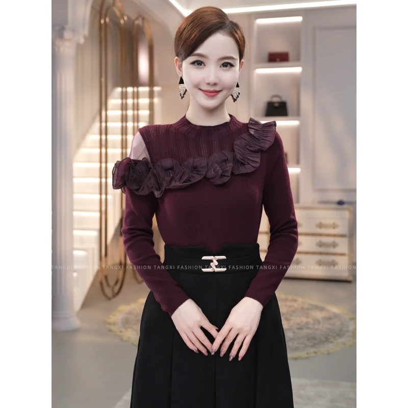 2026年新款【8413】含绵羊毛针织衫盘花酒红色修身时尚百搭毛衣女