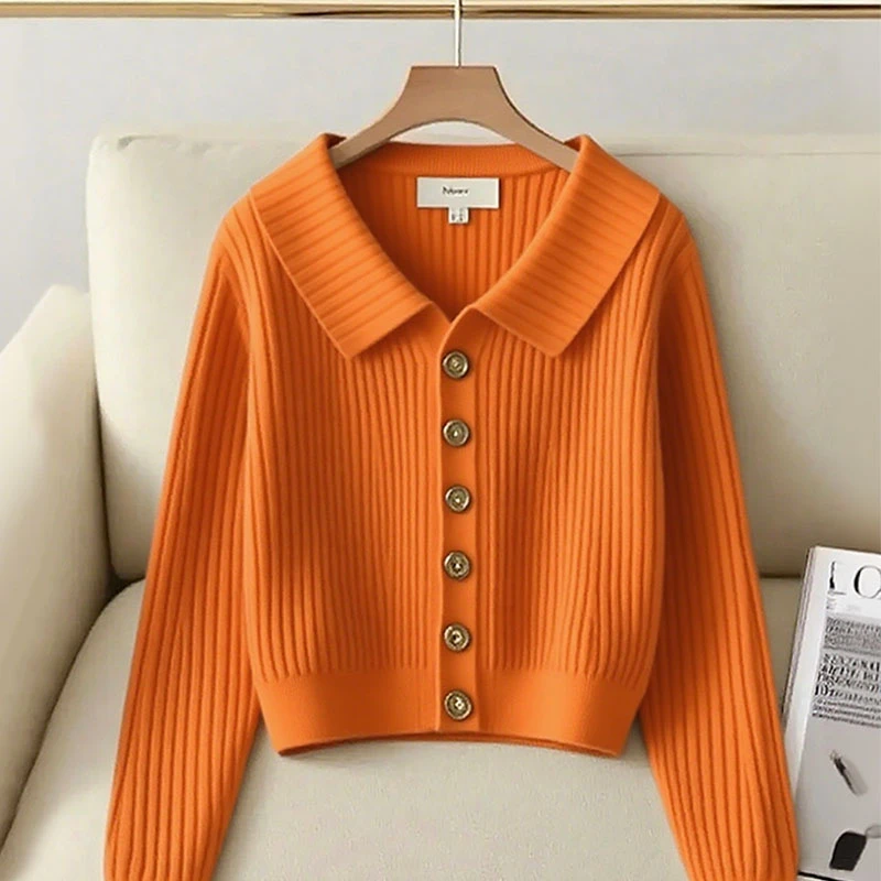 法式高端轻奢南瓜色针织开衫毛衣女款秋季新款慵懒风洋气简约上衣