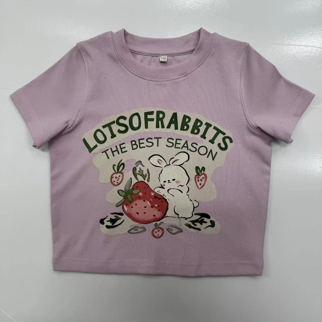 女童洋气粉色圆领小兔草莓印花百搭短袖T恤2025327