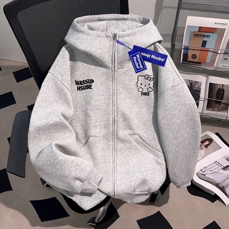 WASSUP HSUBE重磅潮牌连帽开衫卫衣宽松秋冬情侣ins男女卡通印花