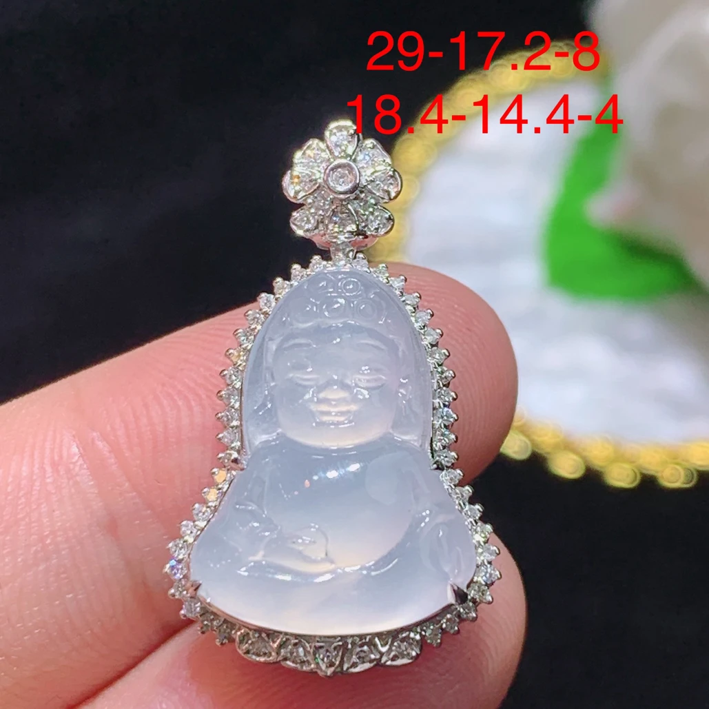 18k金镶嵌天然缅甸翡翠冰种宝宝佛吊坠29×17.2×8/18.4×14.4×4