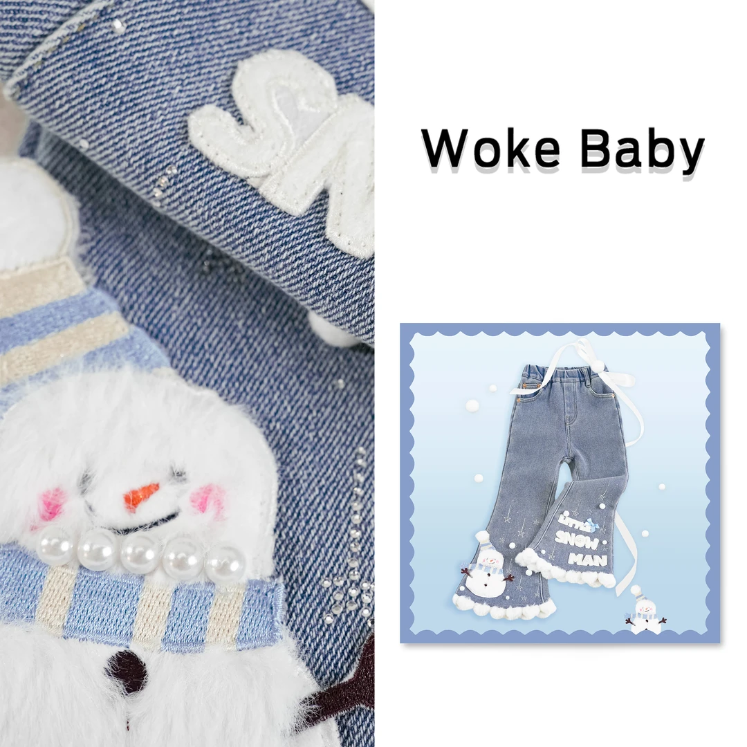 女童加绒加厚一体绒牛仔裤儿童秋冬季可爱款式微喇裤长裤V10299