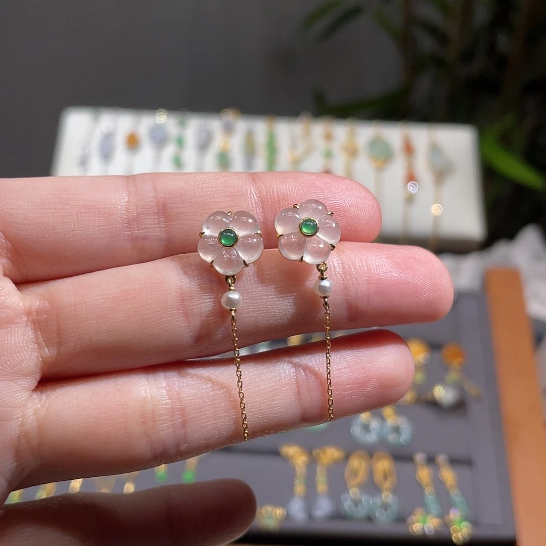 翡翠耳饰18K金镶嵌花花流苏