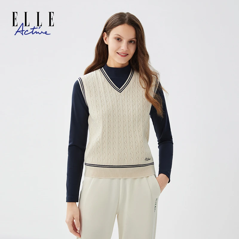 ELLE Active经典V领毛织背心立体编织纹理无袖马甲休闲运动女上衣