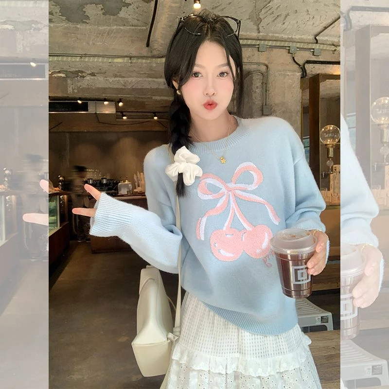 【清清】曾小咸 甜美风蓝色圆领蝴蝶结绣花毛衣Z244MY4107