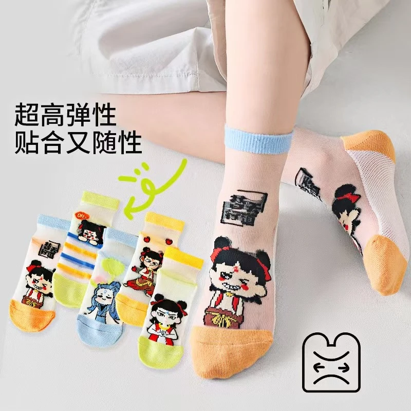 卡通哪吒男童女童春夏超薄透气儿童袜子中筒学生中大童冰丝网眼夏