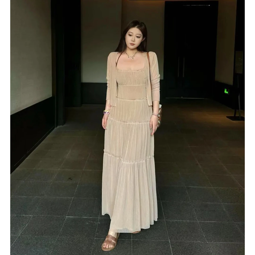 高级感气质裙子套装女大码微胖显瘦遮肉长款吊带连衣裙开衫两件