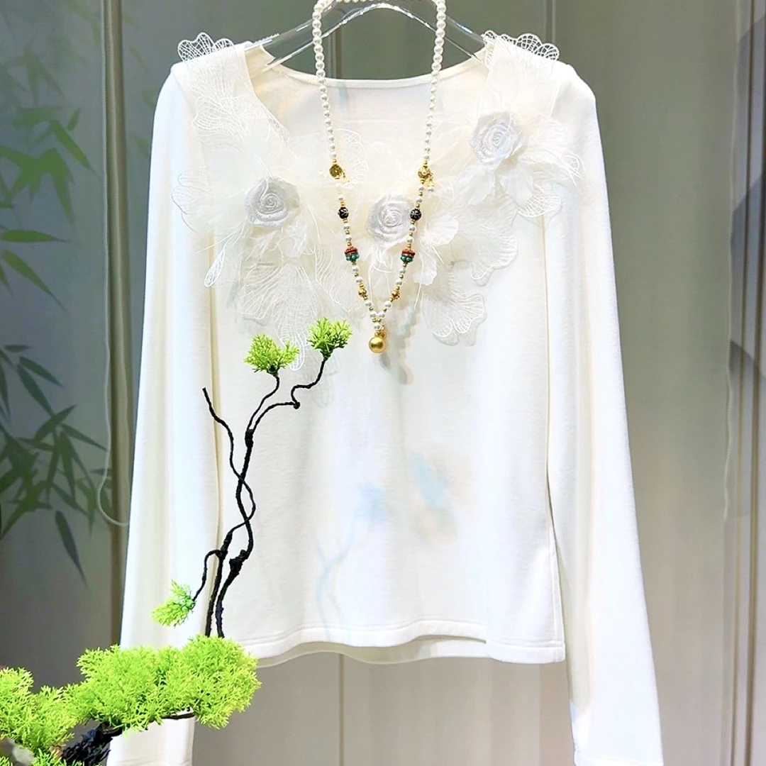 【可纯花语】高端极简优雅立体花朵秋冬保暖磨毛打底T百搭毛衣