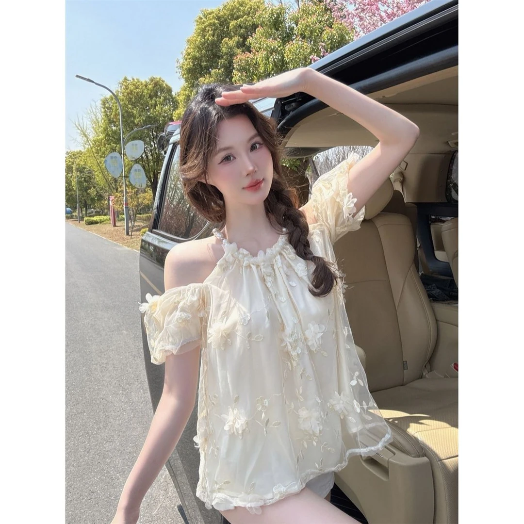 法式纯欲风轻奢印花珍珠链子雪纺衫女夏季高级感圆领挂脖显瘦上衣