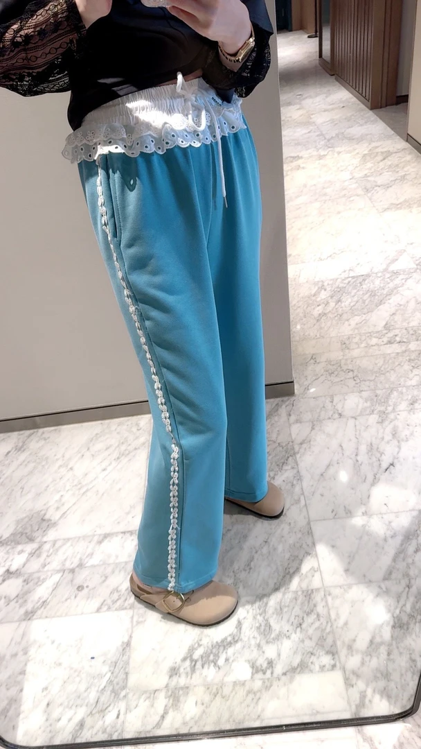 【张静芝】蕾丝花边拼接直筒休闲裤