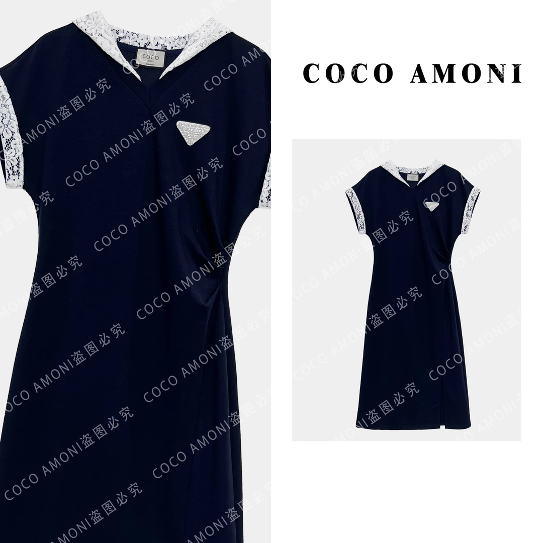 时尚小香风法式夏日女装拼接连帽捏褶收腰显瘦气质连衣裙ZC111