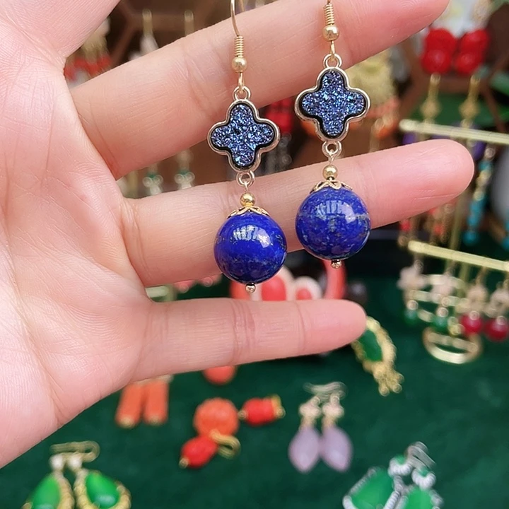 青金石耳饰合金青金石四叶草