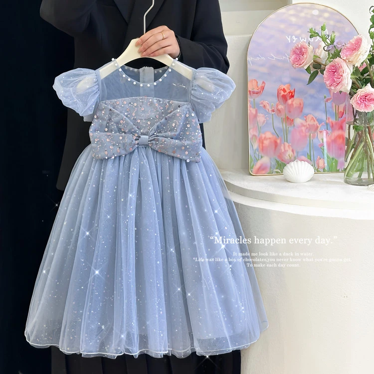 连衣裙韩版夏季纯色纯色女童儿童洋气宝宝女宝中小童网纱裙蓬蓬纱