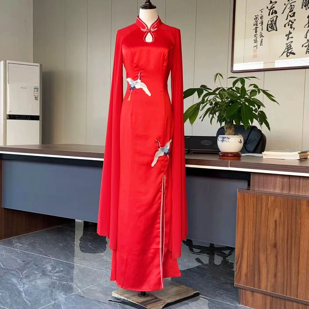 粉丝福利多款式醋酸锻双层内衬长款走秀演出拍照旅游中式旗袍气质