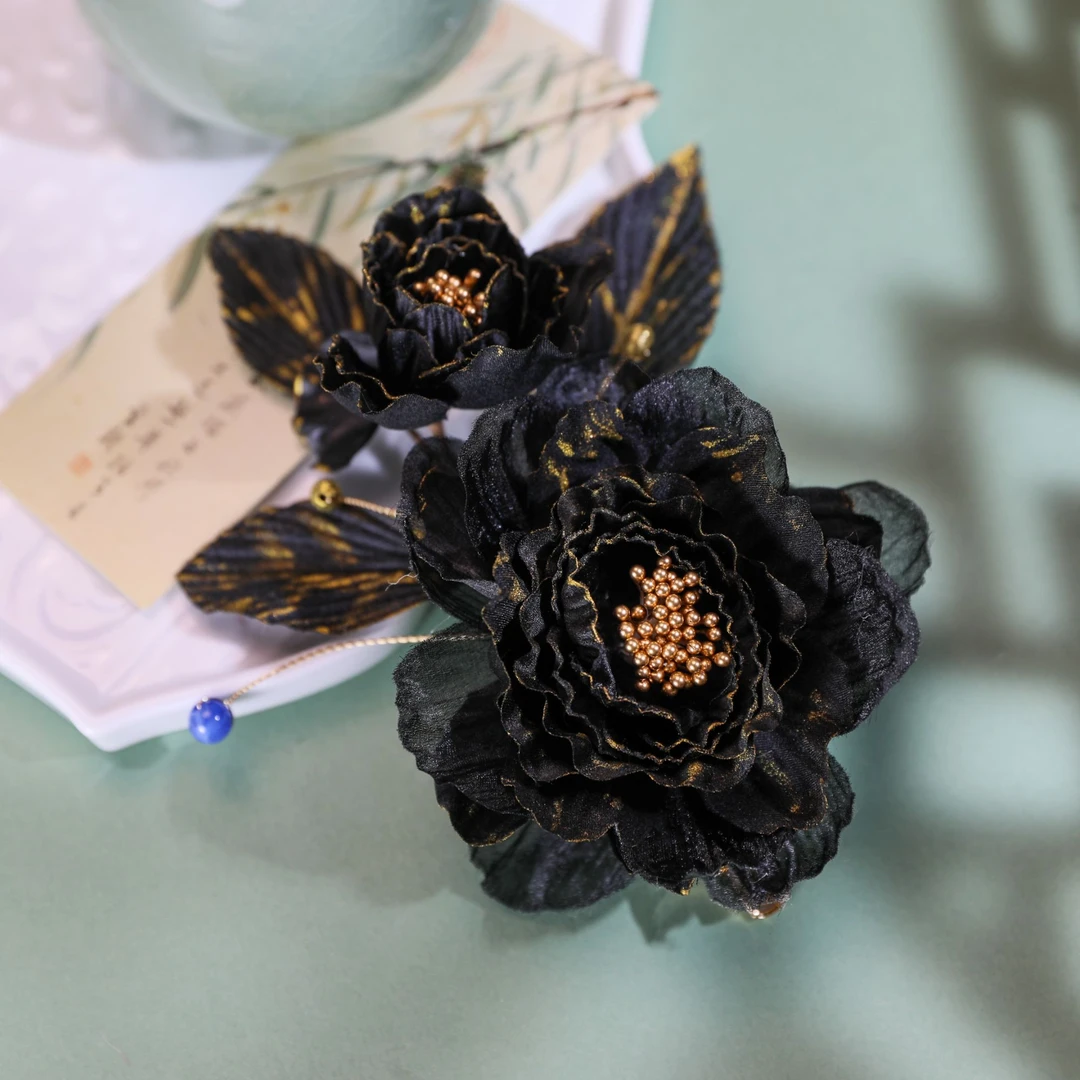 HF1822原创设计手工制作烫金边暗黑色系牡丹妆造配饰发夹汉服头饰