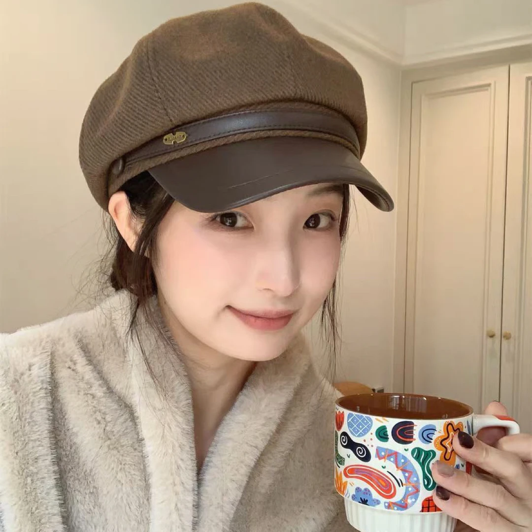 万物皆可搭~pu皮新款秋冬毛呢复古贝雷帽女气质时尚显脸小八角帽