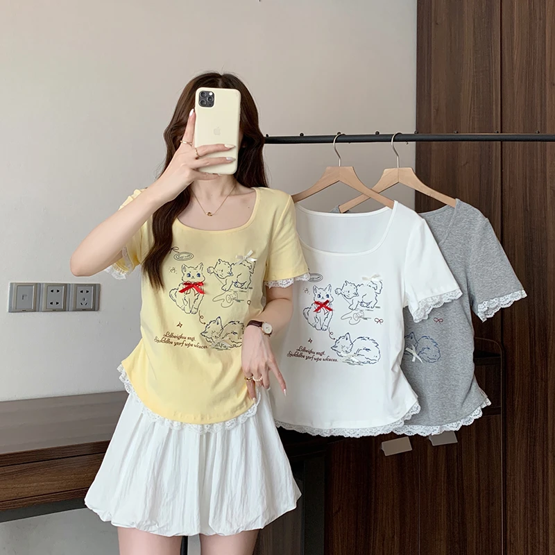 2025夏装新款胖mm大码女甜美拼接蕾丝花边卡通短袖T恤A1607