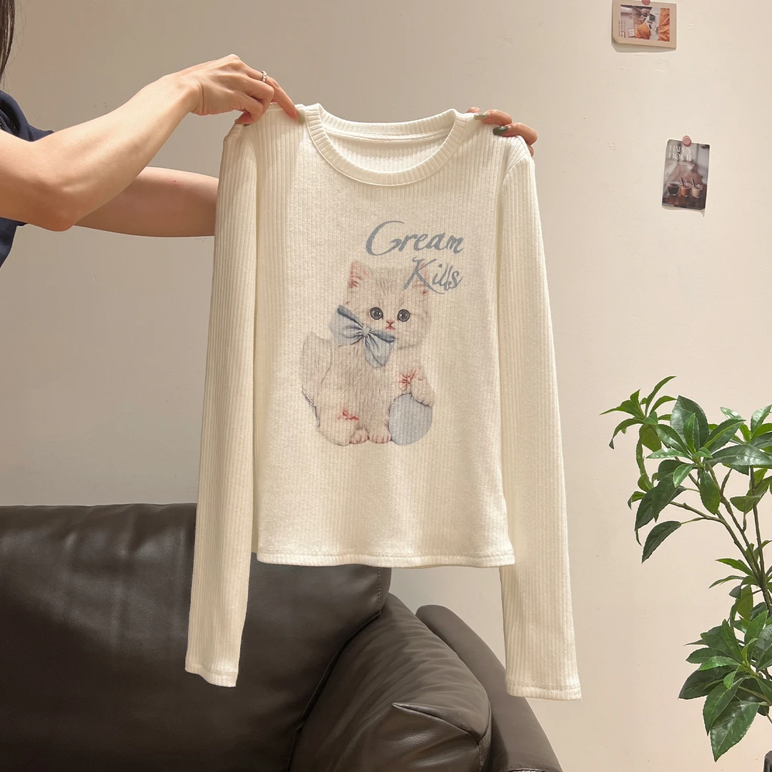 简约白色可爱猫咪印花长袖t恤女秋季新款修身显瘦休闲设计感上衣