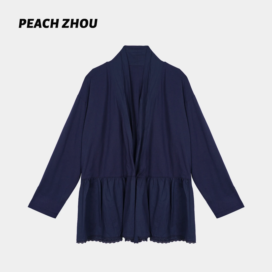 『PEACHZHOU』蕾丝边拼接系带宽松道袍领中长款外套休闲设计开衫