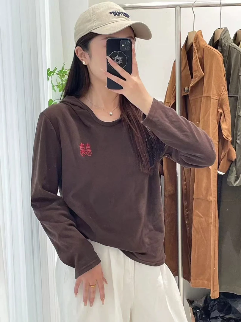 2024秋季新款宽松显瘦双面绒连帽刺绣长袖打底衫-184
