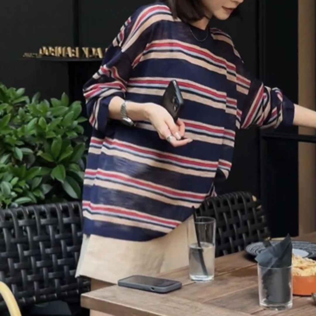 宽松长袖防晒气质圆领撞色条纹薄款女装