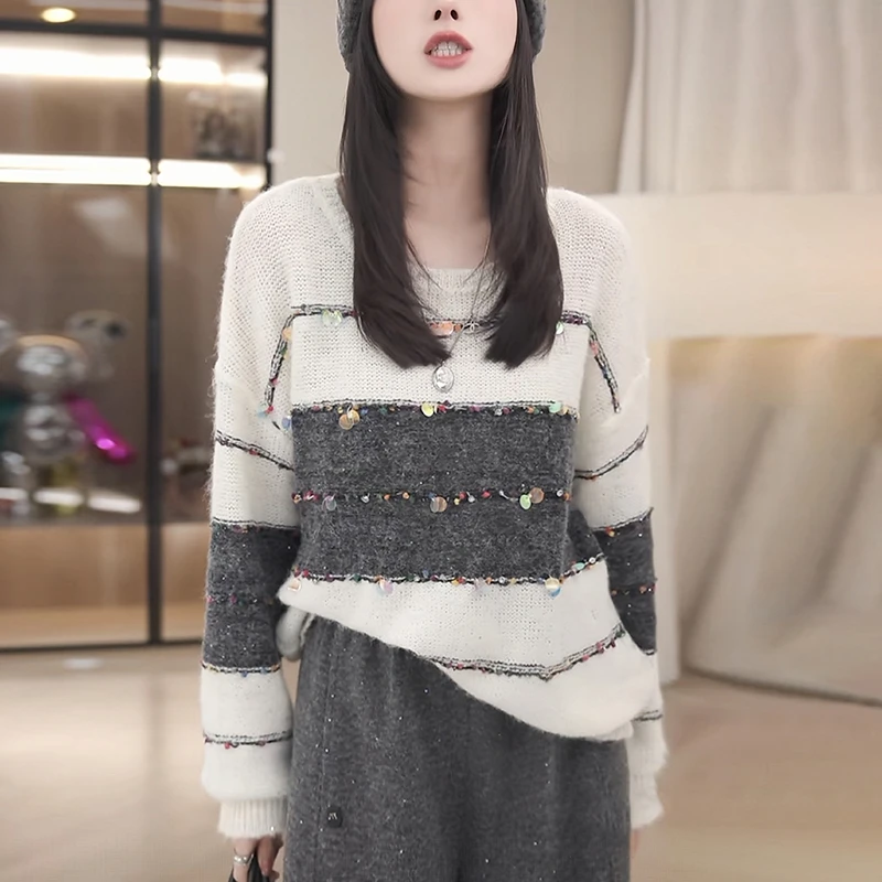 秋冬女白色条纹毛衣软糯慵懒风宽松显瘦重工亮片打底针织衫上衣