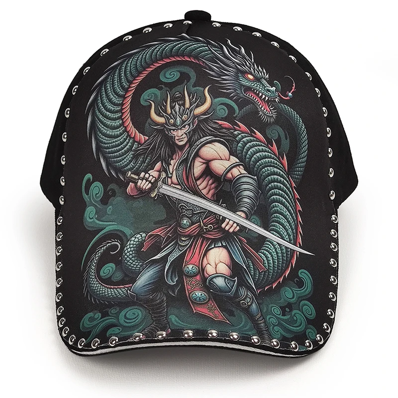 男士潮流棒球帽武士龙印花休闲个性原创鸭舌帽硬顶时尚霸气酷帽子
