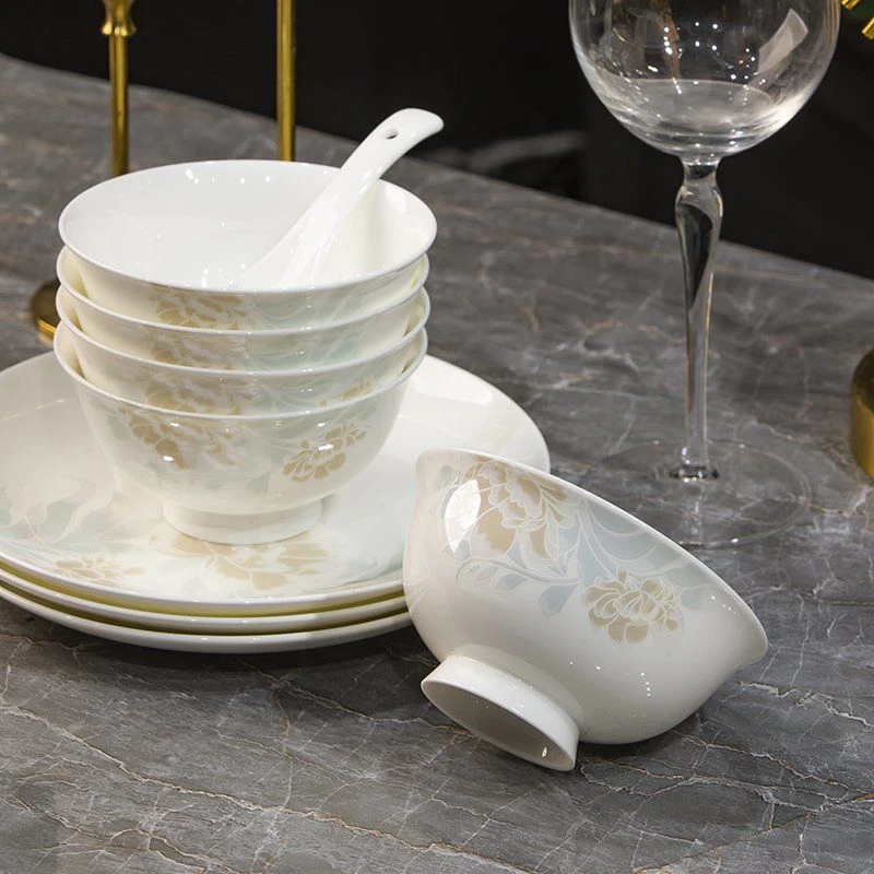 倾城朵花5英寸饭碗10只装家用景德镇骨瓷餐具陶瓷碗米饭碗