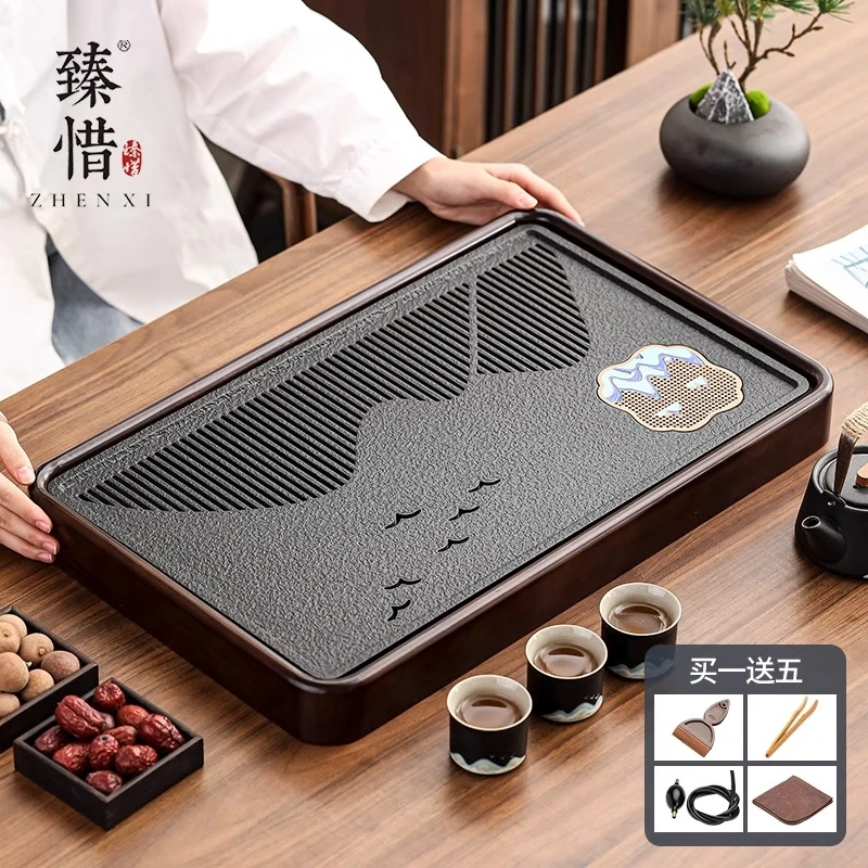乌金石仿木纹小茶盘家用茶具轻奢现代客厅干泡茶台茶海储排双用盘