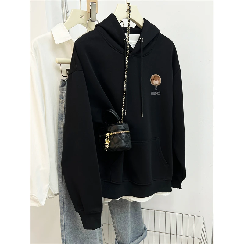 黑色连帽卫衣女秋冬季2025新款加绒加厚胖mm宽松大码慵懒风上衣潮