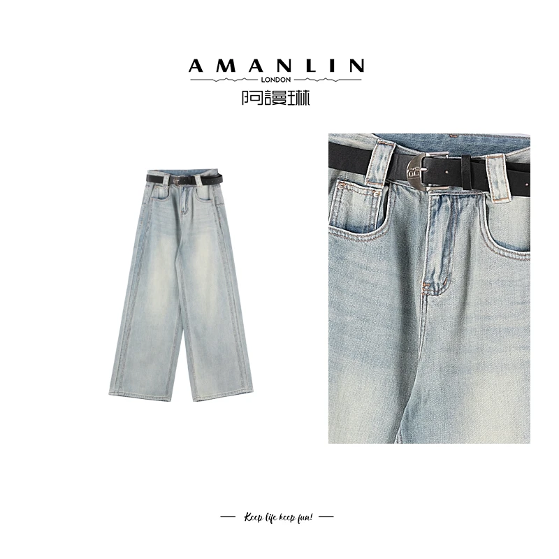 【AMANLIN】春季简约风气质时尚高腰直筒牛仔裤百搭复古长裤F595339