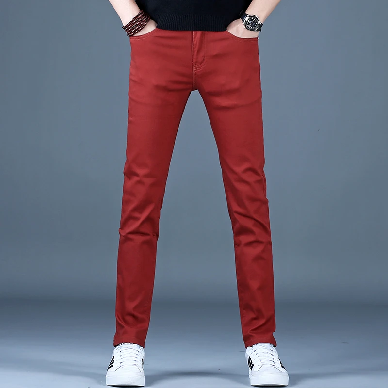 男士红色牛仔裤2025夏季新款高端商务直筒长裤子修身潮流弹力男裤