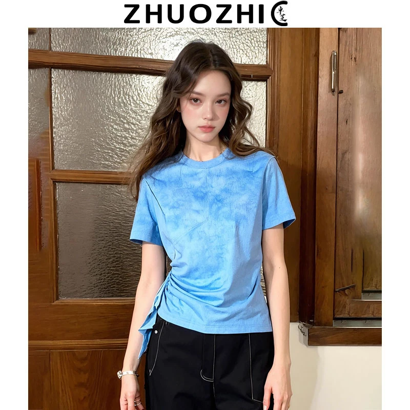 卓芝法式复古水洗蓝系带短袖T恤女2025夏季新款通勤百搭显瘦上衣