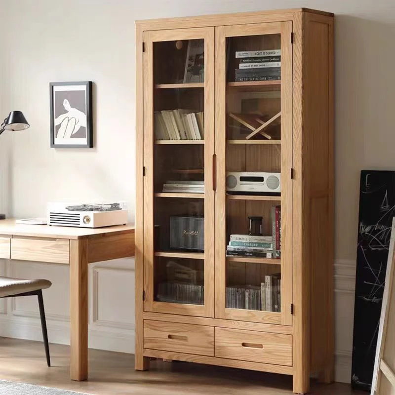 全实木书柜北欧橡木书房玻璃双开门书架组合原木简约置物架展示柜