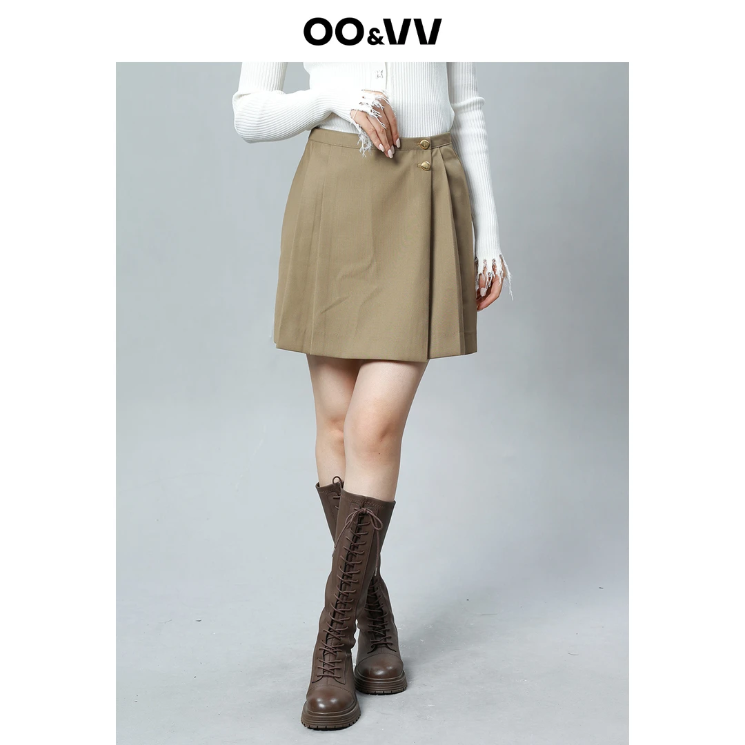 OO&VV2025秋冬季新款显瘦A字裙卡其色褶皱高腰包臀藏肉半身裙女