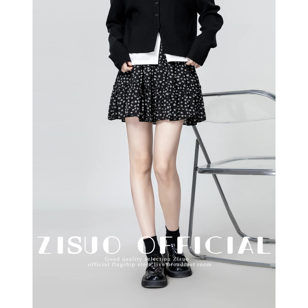 黑色碎花蛋糕半身裙女2025春夏新款设计感高腰显瘦a字半裙短裙子