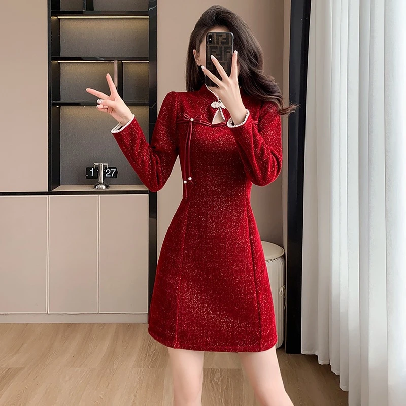 秋冬款新中式改良复古风小个子气质优雅高级感红色盘扣国风连衣裙