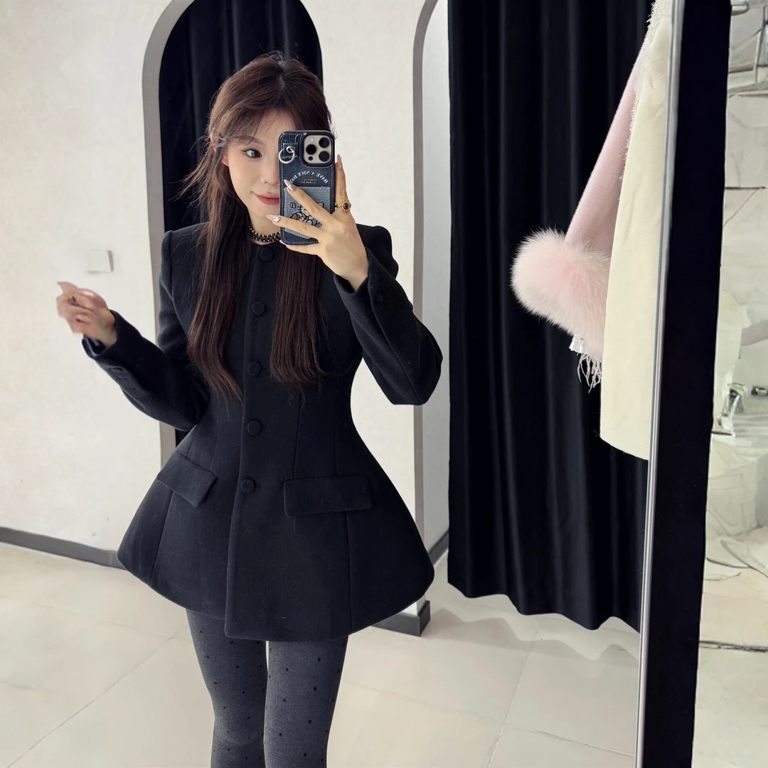 欧货复古毛呢西装外套女秋名媛气质小香风中长款沙漏腰穿搭上衣