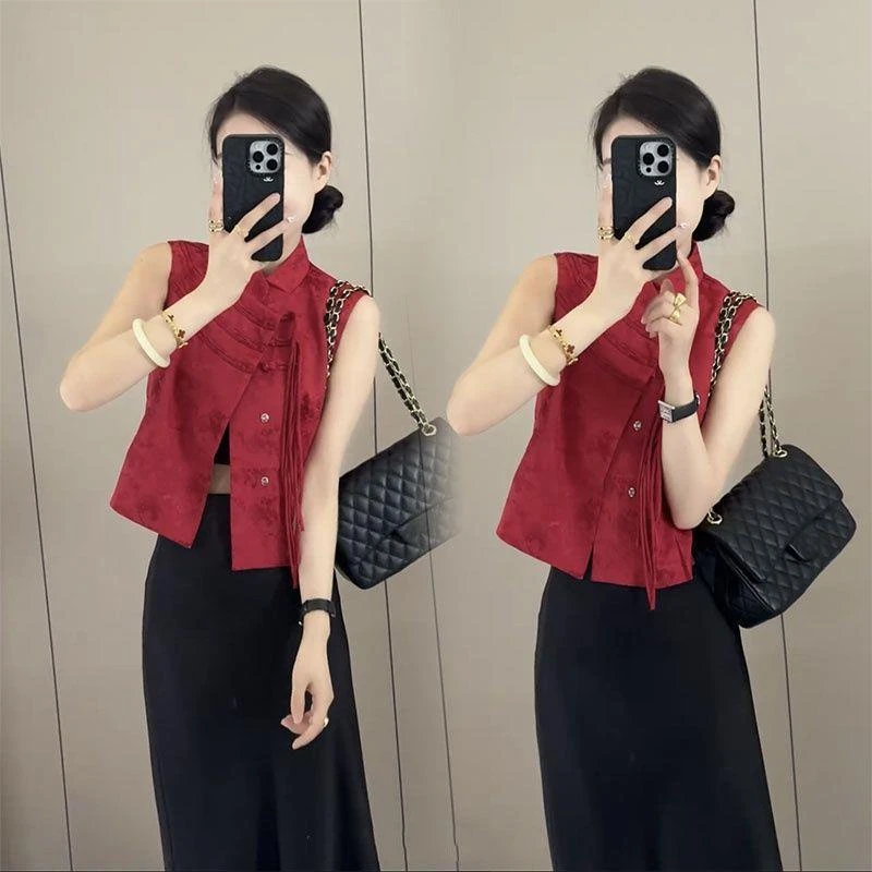 红色短款背心女夏季新款新中式国风改良旗袍无袖上衣外穿小衫