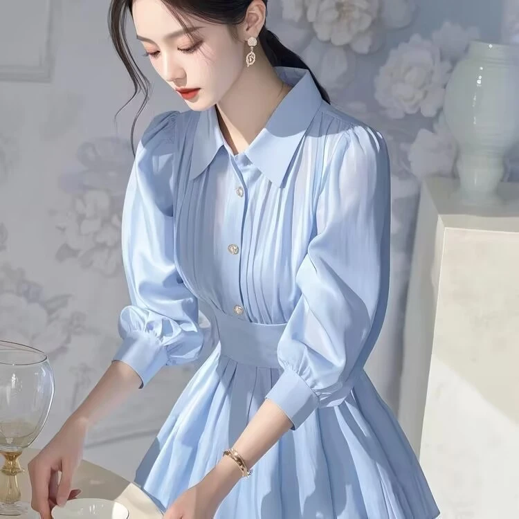 法式气质蓝色独特收腰上衣女高级显瘦甜美洋气网红新款衬衫