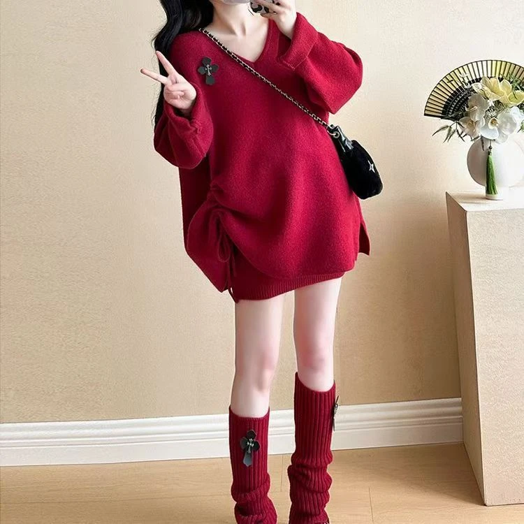 3件套秋冬款时尚红色针织毛衣半身裙套装