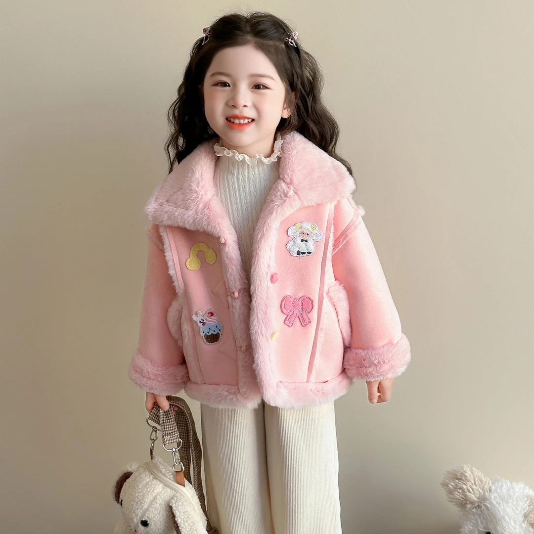 女童加绒毛毛衣外套洋气儿童秋冬装新款女宝宝加厚卡通上衣小女孩