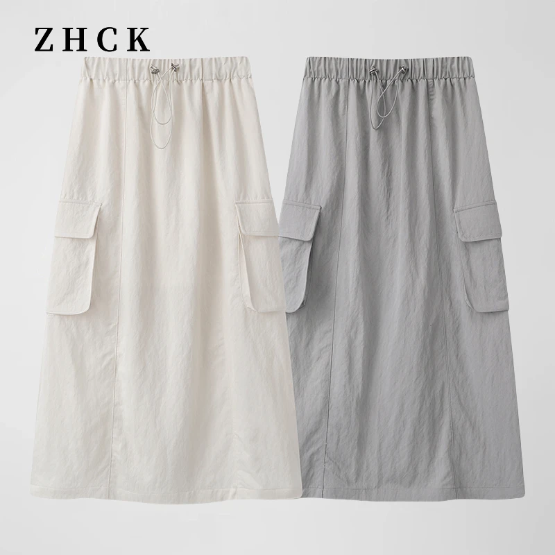 ZHCK韩系百搭工装裙2025新款时尚设计感宽松百搭纯色松紧腰半裙女