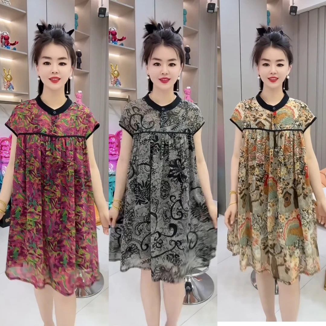 碎花连衣裙显瘦显高凉爽妈妈装洋气时尚夏季印花遮肚大码