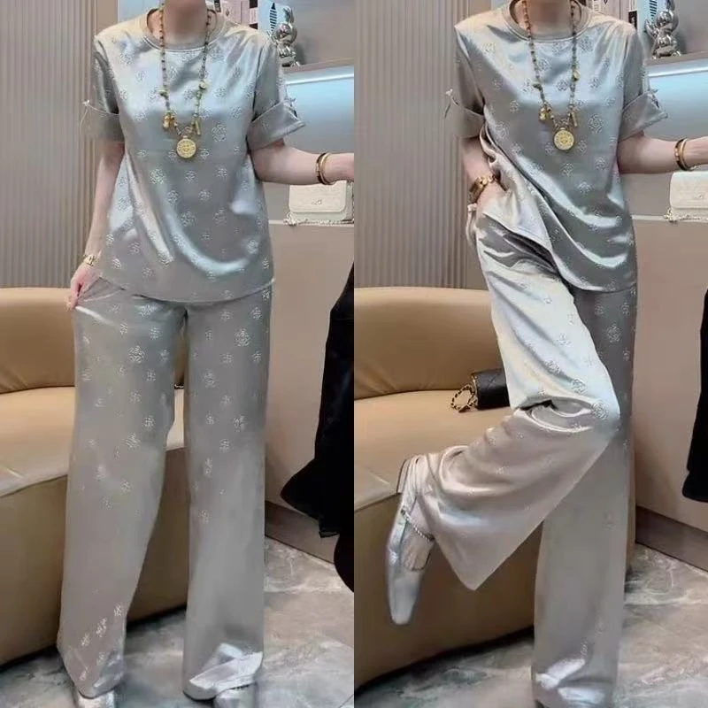 时尚重工醋酸套装女士夏季新款圆领气质+阔腿裤两件套