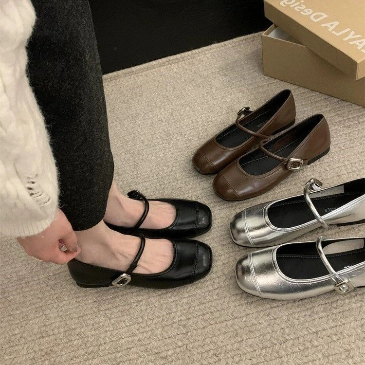 【】玛丽珍单鞋女2025春季新款韩版方头平底浅口软底豆豆鞋