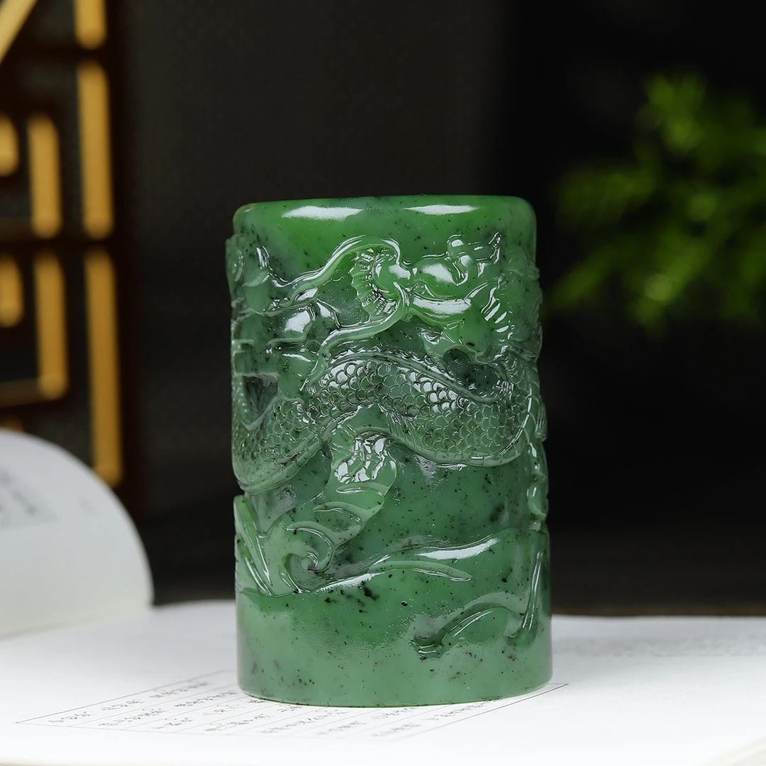 120220和田玉碧玉龙行天下笔筒