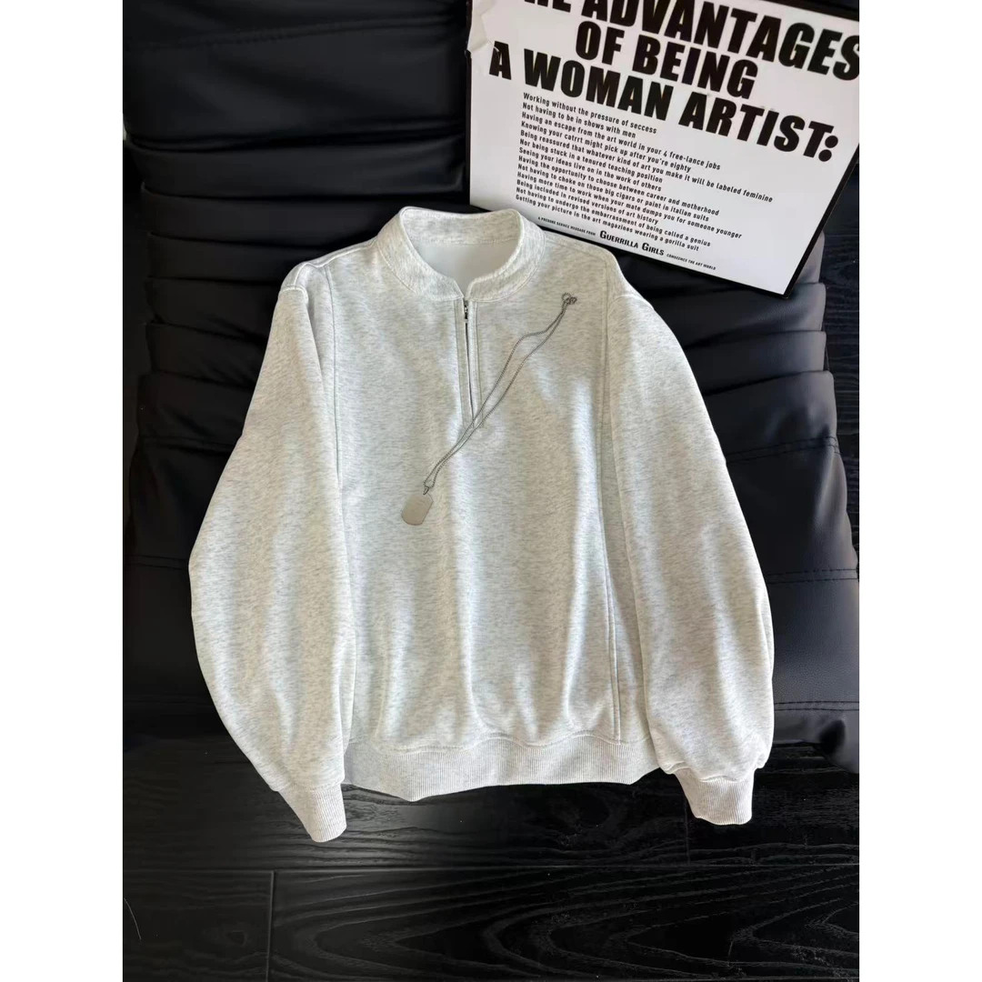 美式解构半拉链加绒卫衣男冬季cleanfit加厚保暖内搭正肩长袖T恤